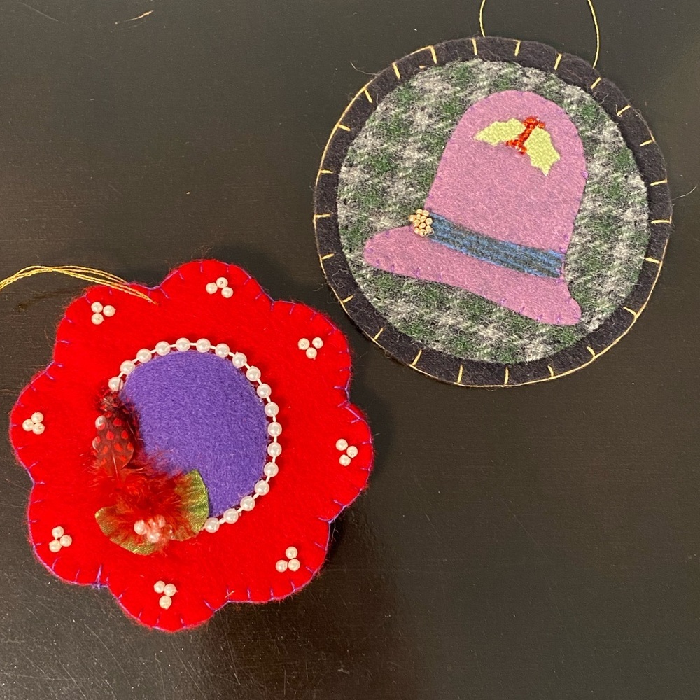 Pair of Handmade Purple & Red Hat Felt Christmas Tree Ornaments